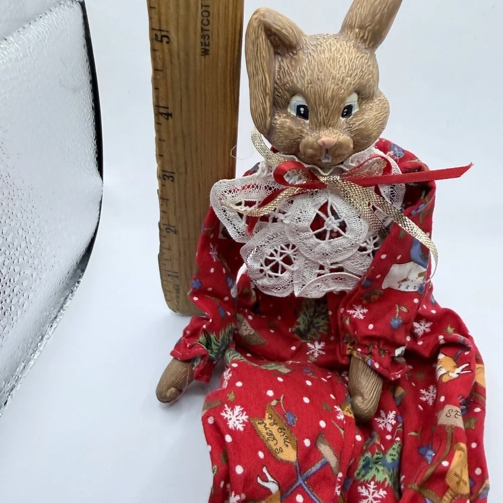 Christmas Bunny Shelve Sitter Ceramic Figurine with Lace Bow Cottage Core Decor